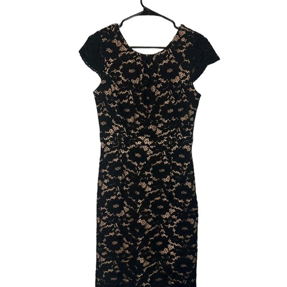 Esley Black & Cream Lace Overlay Short Capped Sleeve Bodycon Dress Women Sz S